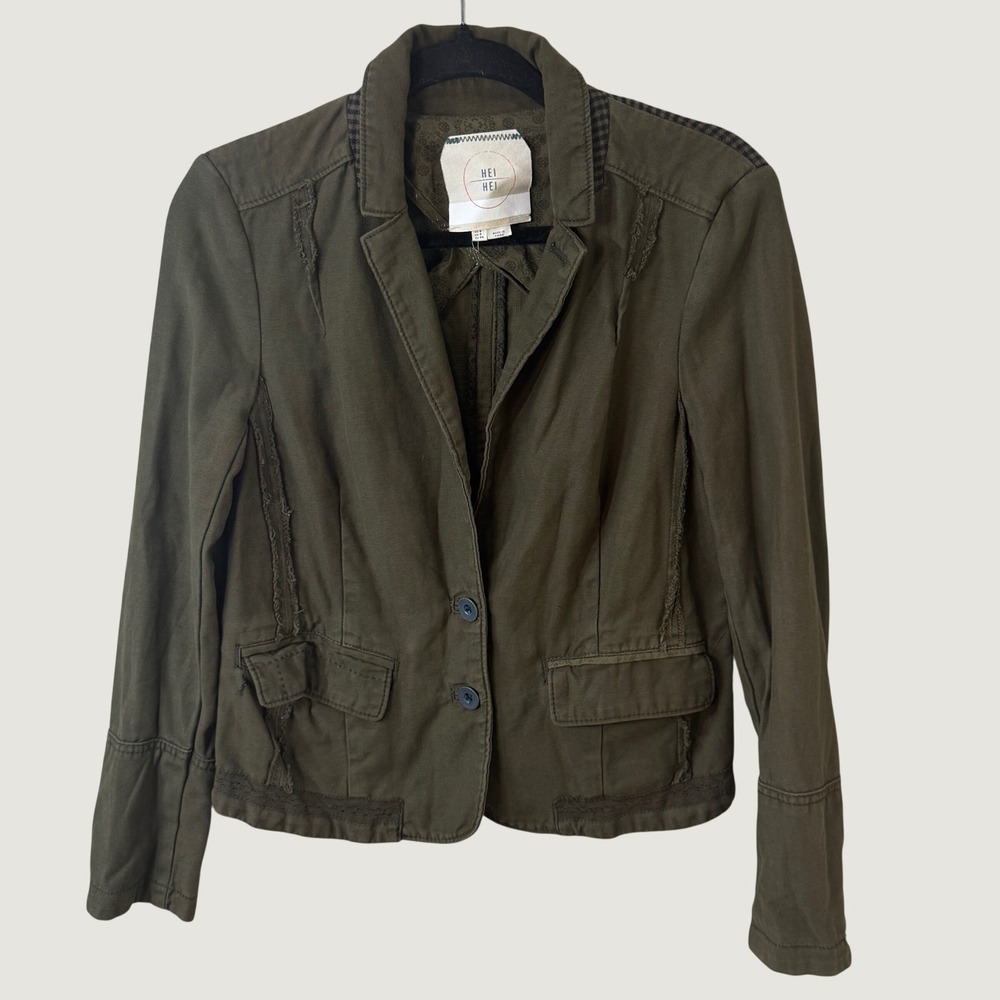 HEI HEI Anthropologie Blazer Jacket Green Plaid Mixed Media Fall Dark Academia 4